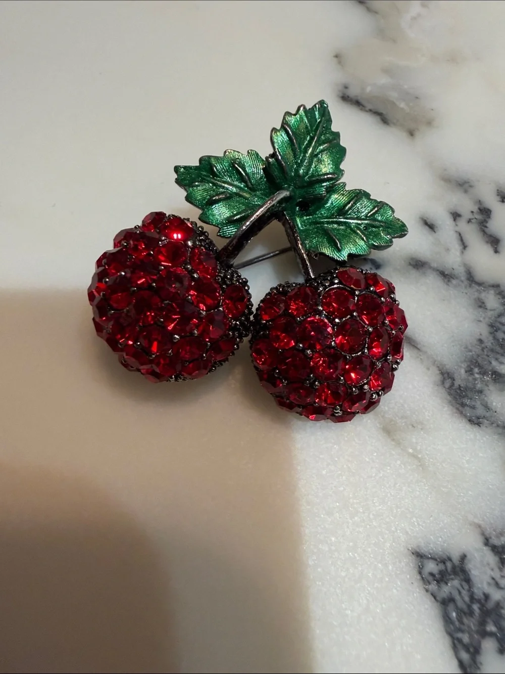 Red Crystal Cherry Pin Brooch with Green Leaves